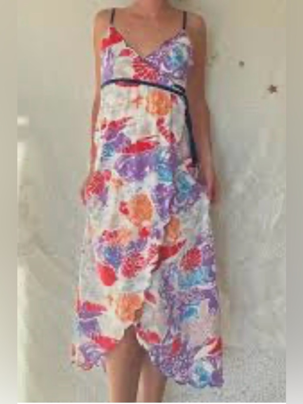 Vintage Anthropologie Mermaid Floral Faux Wrap Midi Dress Scallop Hem Y2K Boho